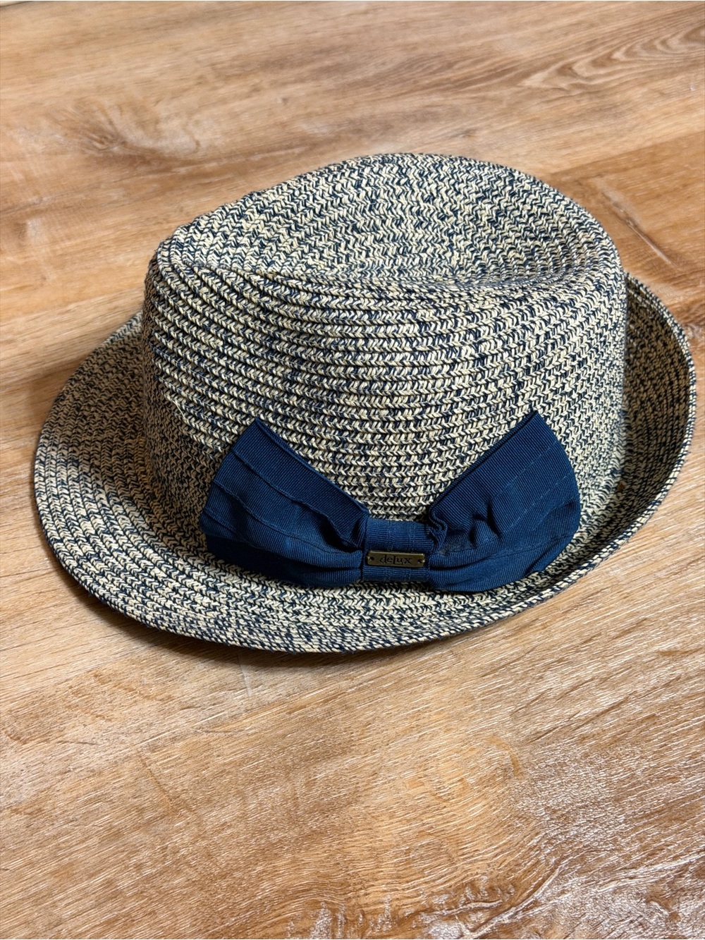 deLux Paper Straw Fedora Hat Blue Beige Bow One Size Unisex Summer Trilby